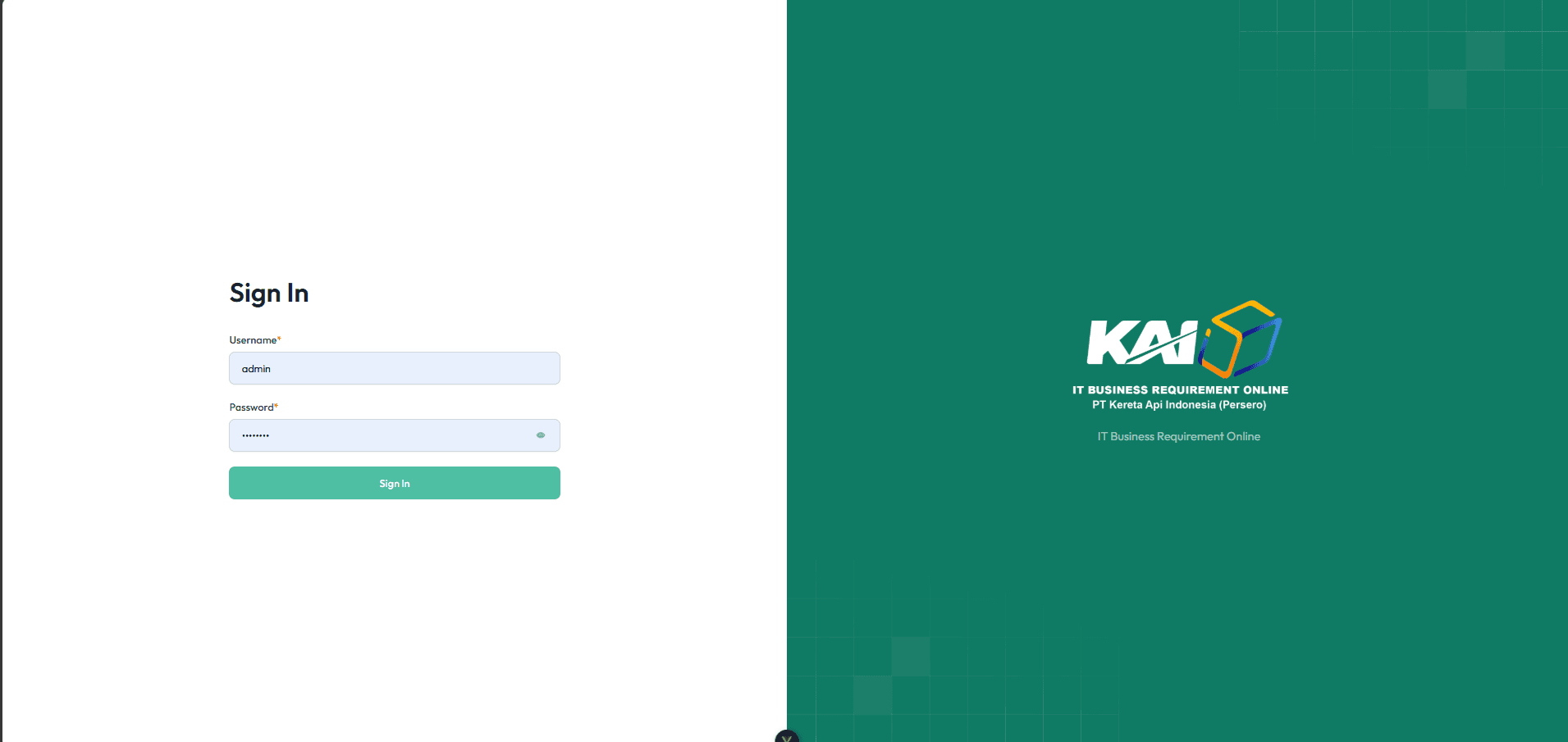 Halaman masuk IT Business Request Online KAI